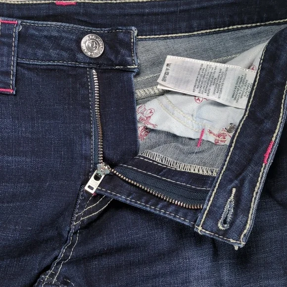 True Religion Crystal Horseshoe Skinny Jeans Dark Wash Pink Stitch 31 - Picture 6 of 10